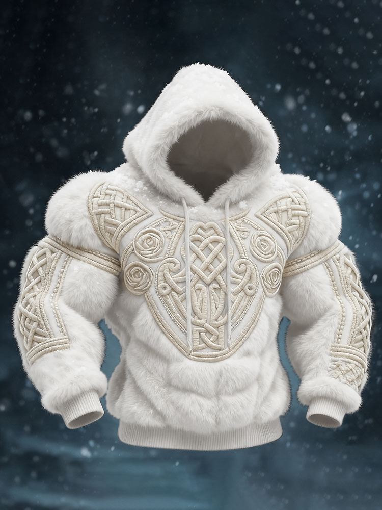 Men's Viking Tribal Jacquard Celtic Muscle Line Inspired Art Plush Warm Hoodie