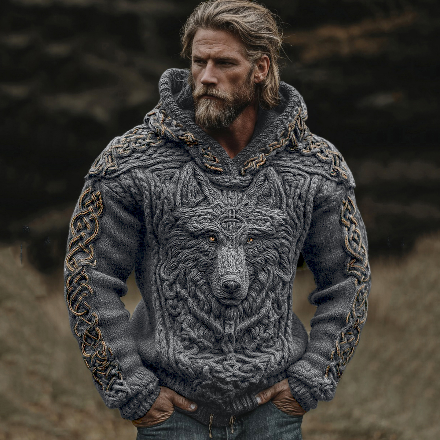 Men's Viking Wolf Celtic Knot Jacquard Knitted Hooded Sweater