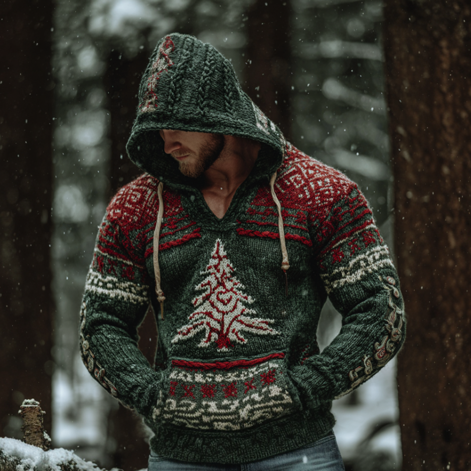 Christmas Retro Viking Men's Knit Hooded Sweater