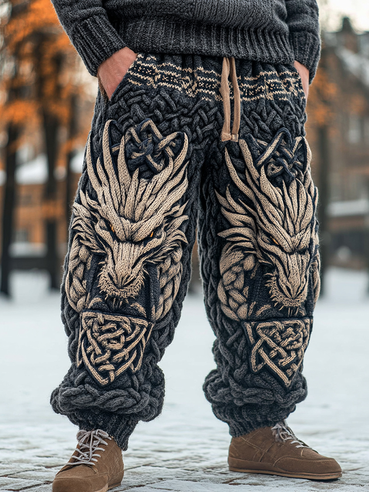 Men's Viking Dragon Celtic Knot Art Wide Leg Warm Knit Pants