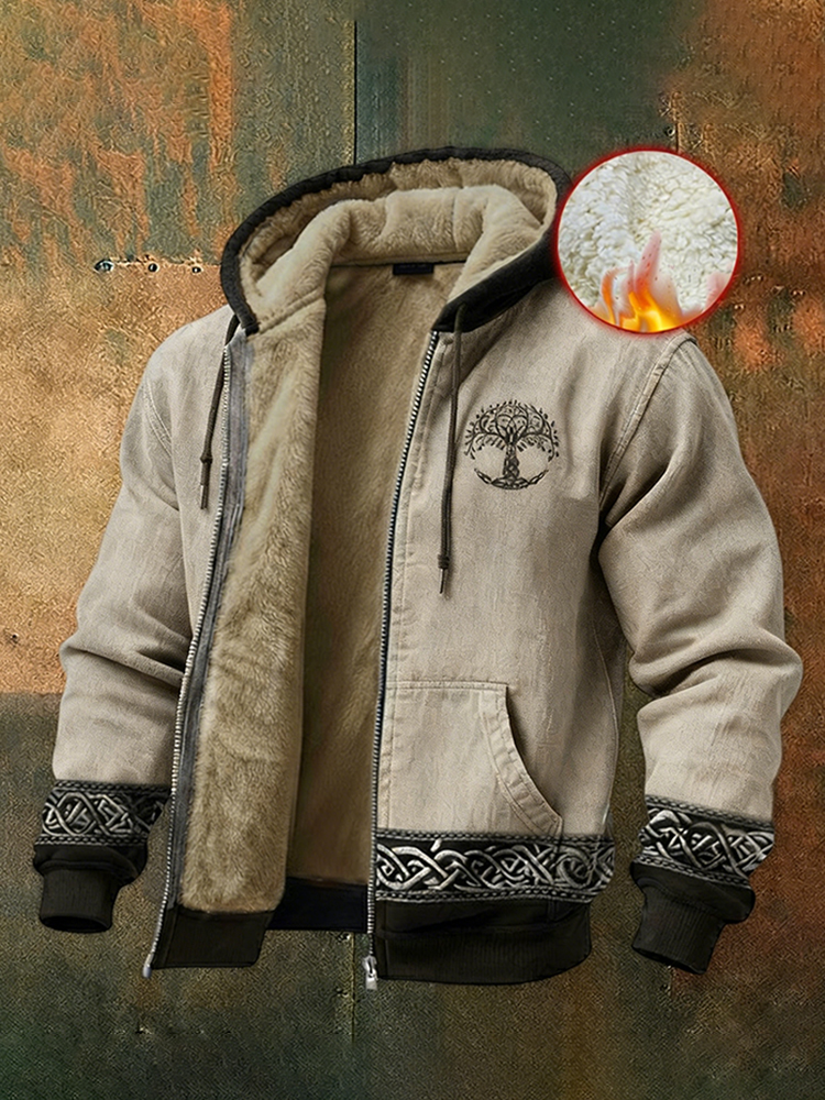 Men's Viking Style Celtic Tree Of Life Art Fleece Lined Warmth Zipper Jacket