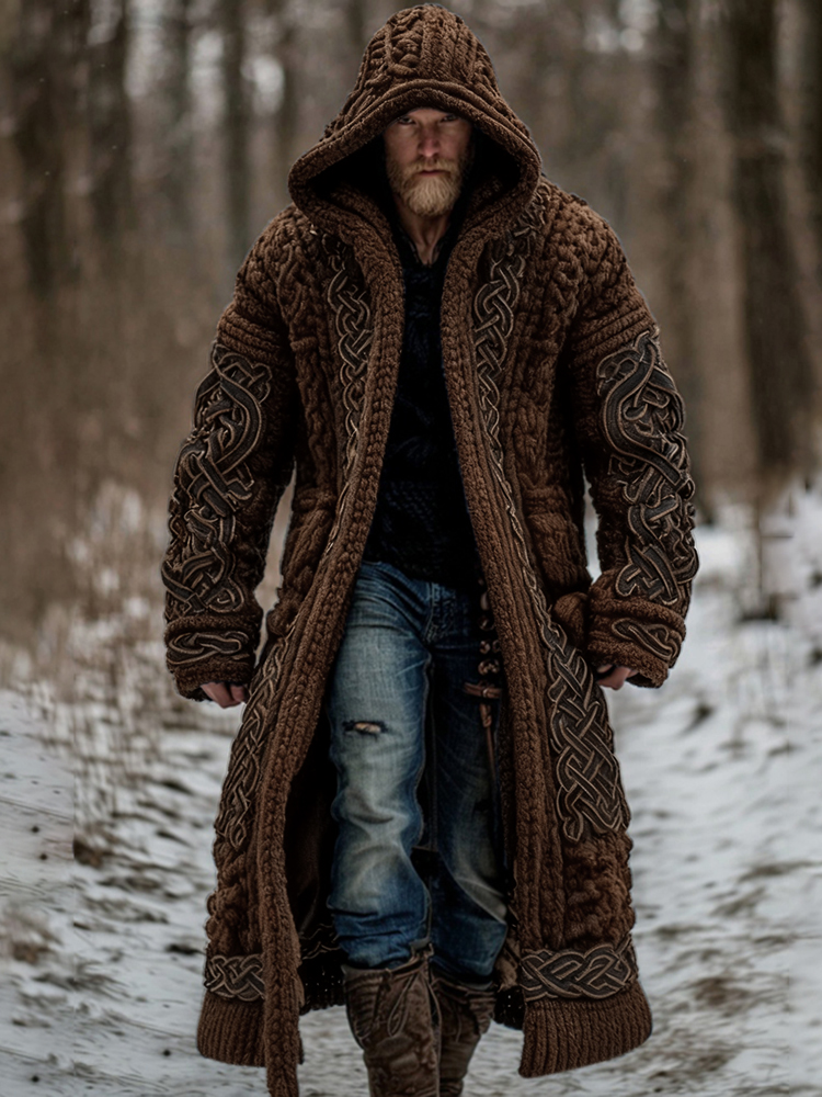 Men's Viking Celtic Knot Art Pocket Mid-length Cardigan Sweater