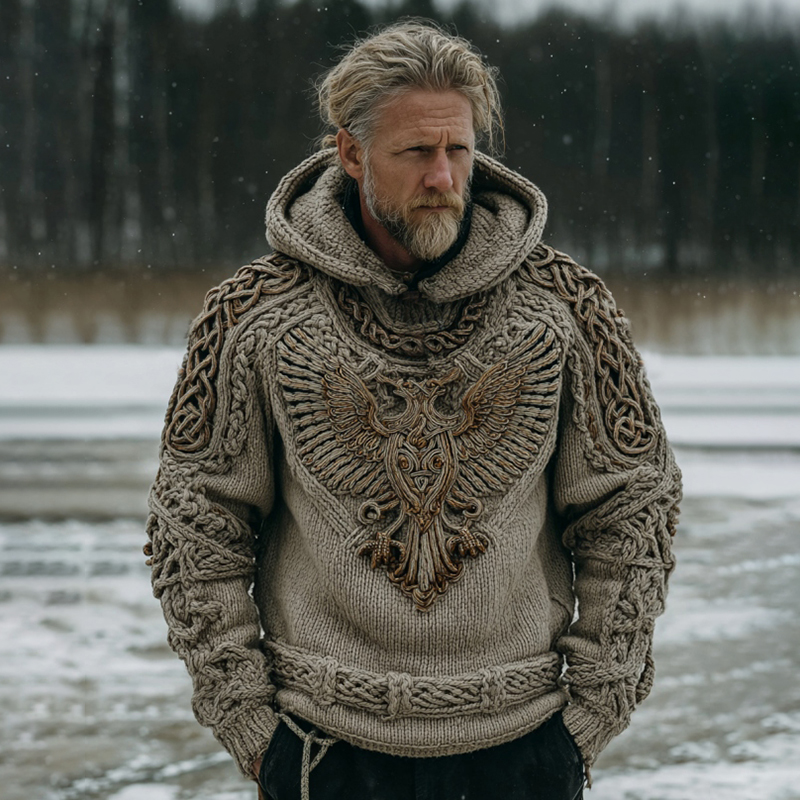 Men's Vintage Viking Eagle Art Knit Hooded Sweater