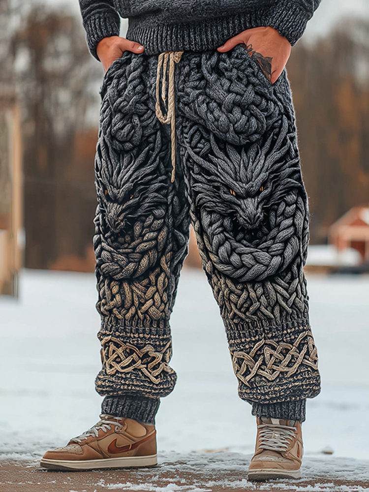 Men's Viking Dragon Celtic Knot Art Wide Leg Warm Knit Pants