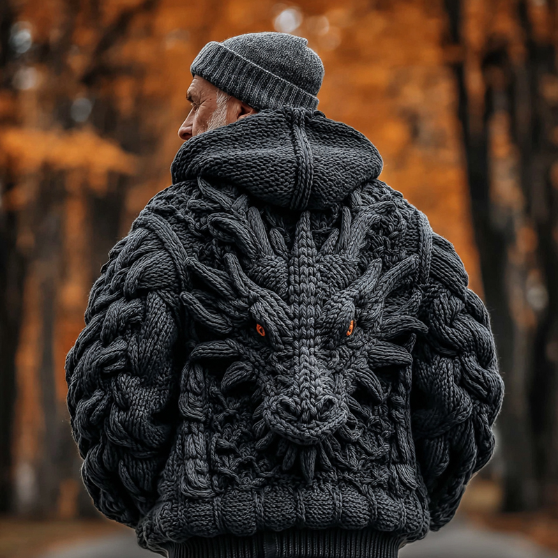 Men's Viking Dragon Totem Chunky Knit Hooded Cardigan