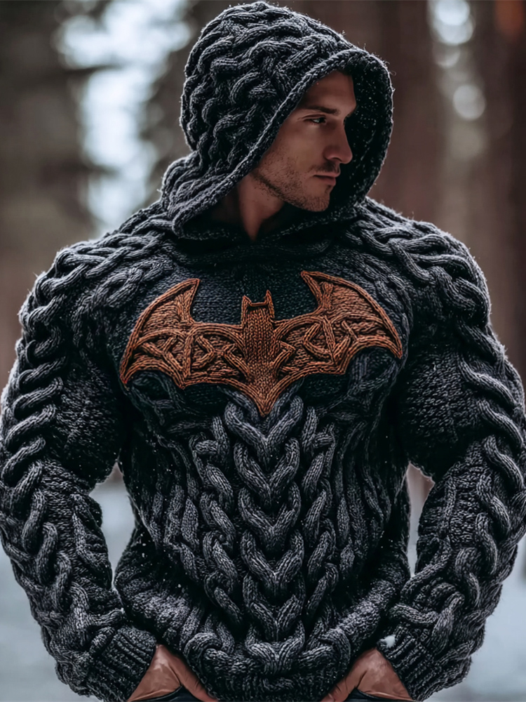 Halloween Bat Art Men's Chunky Knit Hooded Sweater
