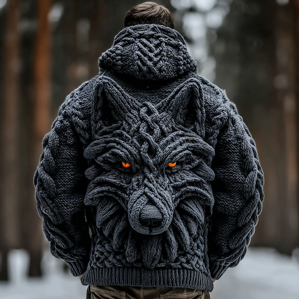 Men's Viking Wolf Totem Chunky Knit Hooded Cardigan
