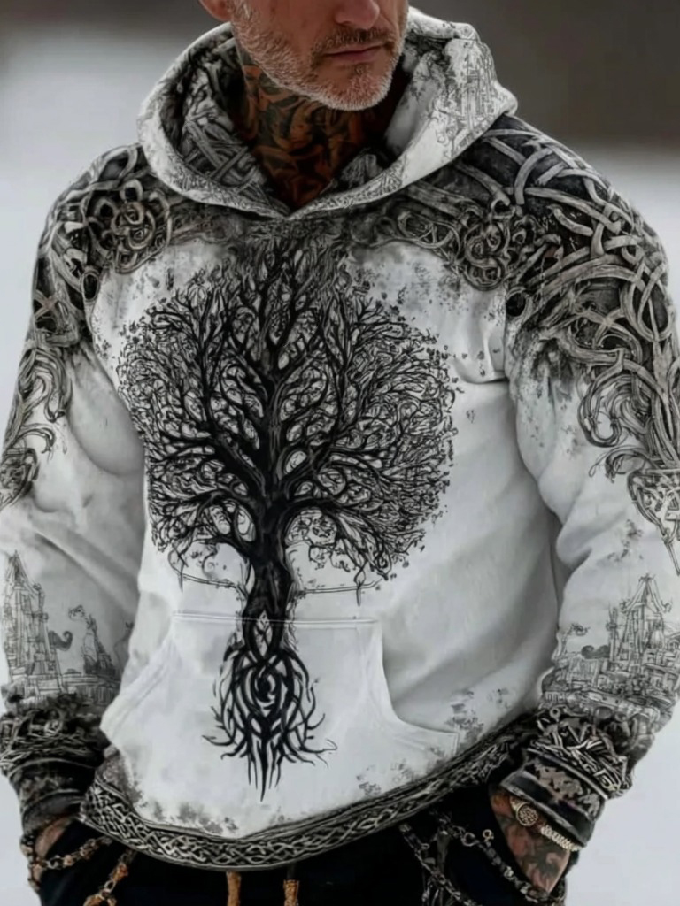 Men's Retro Viking Tree Of Life Pattern Casual Hooded Sweatshirt