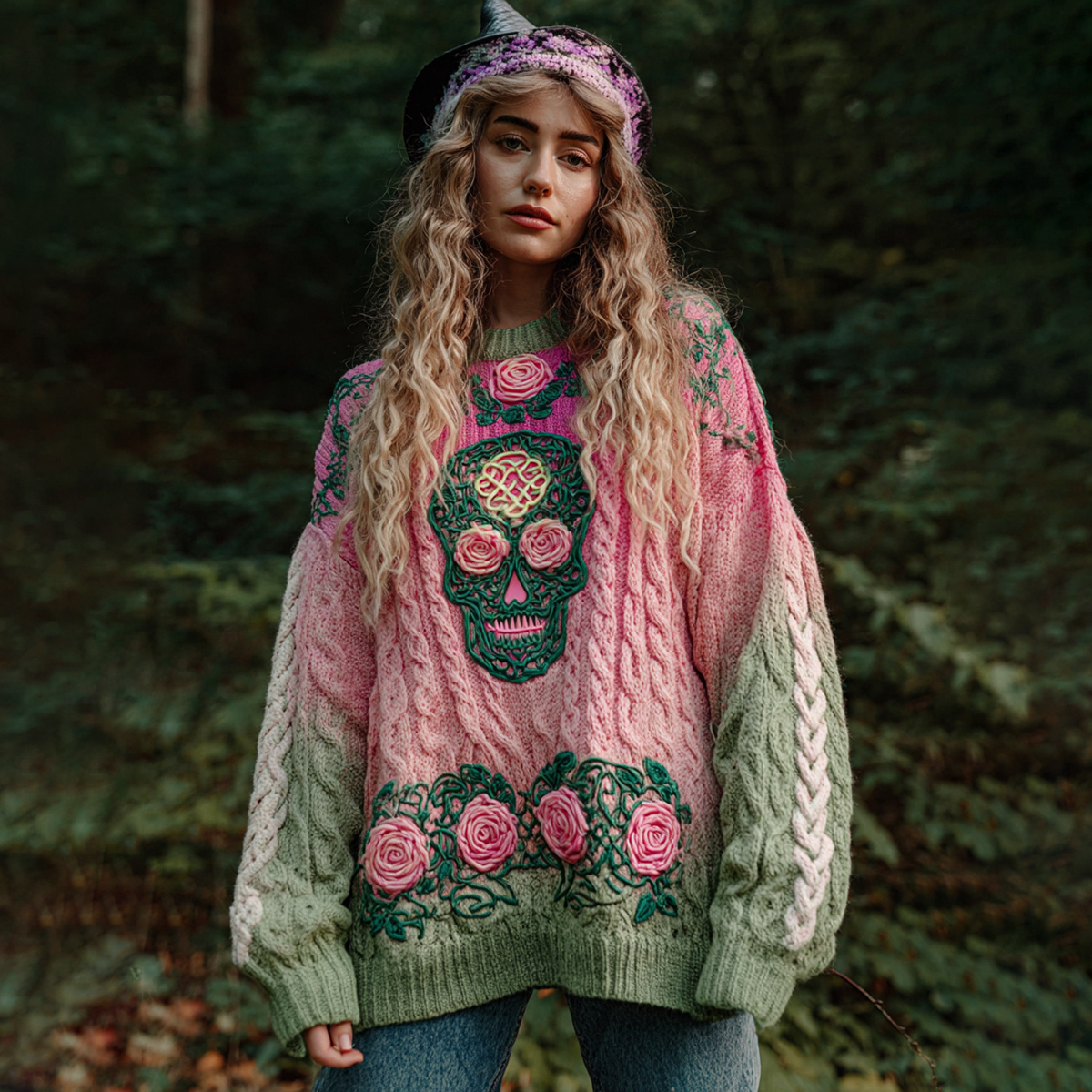 Women's Viking Tribal Jacquard Celtic With Rose And Skull Inspired Chunky Knit Round Neck Sweater