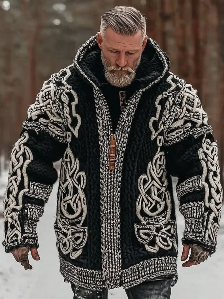 Men's Viking Celtic Knot Art Mid-length Hooded Cardigan Sweater