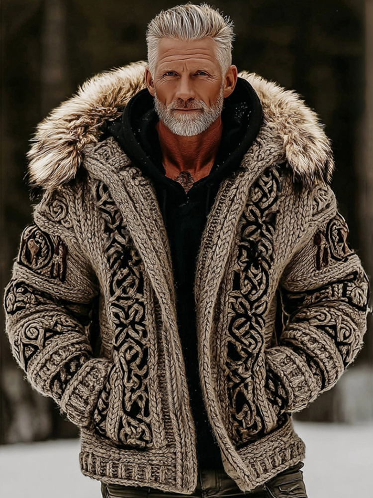 Men's Viking Celtic Style Cozy Fur Collar Zipper Hooded Sweater Jacket