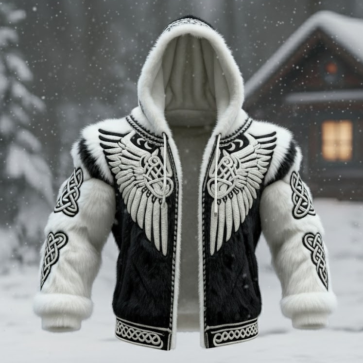 Men's Viking Tribal Jacquard Celtic With Wings Inspired Art Plush Warm Zipped Hooded Jacket
