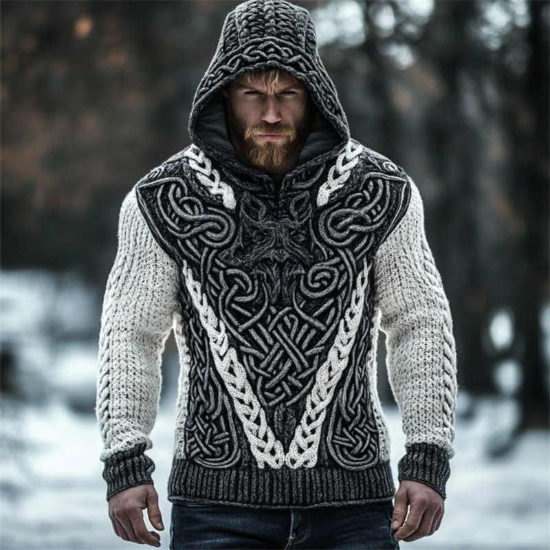 Men's Viking Wolf Inspired Celtic Chunky Hooded Sweater