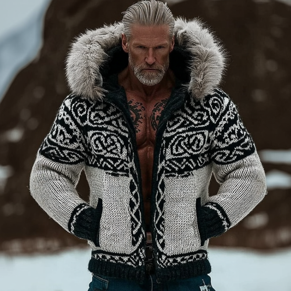 Vintage Viking Celtic Style Men's Knit Hooded Sweater Jacket
