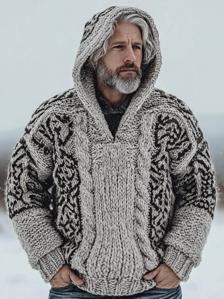 Men's Vintage Casual Viking Knit Hooded Sweater