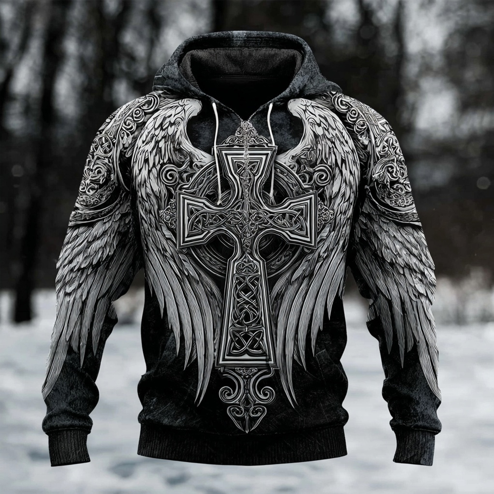 Men's Celtic Cross With Wings Viking Vintage Washed Hoodie
