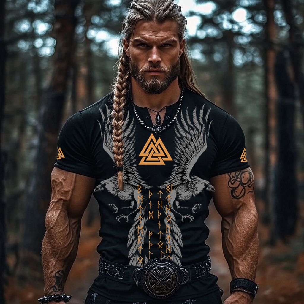 Men's Retro Viking Rune Eagle Print Short Sleeve Button T-shirt