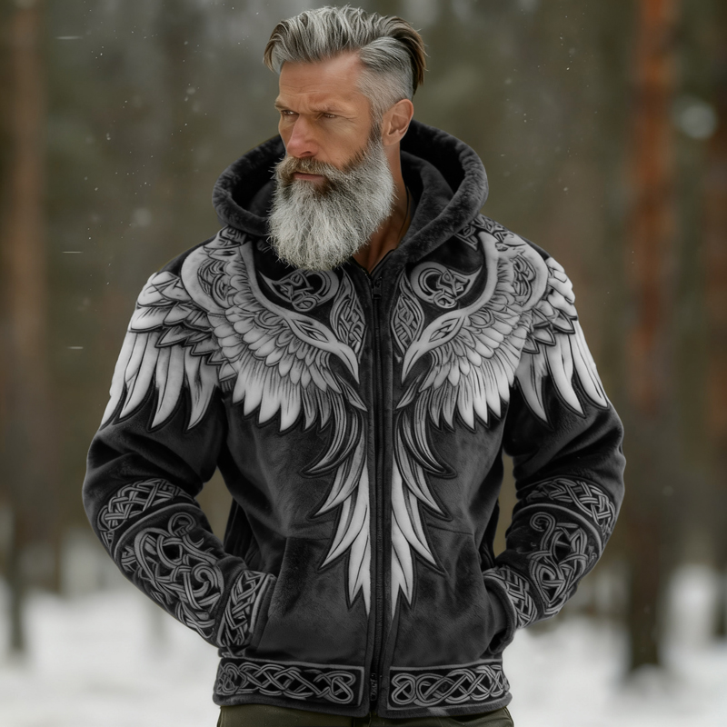 Men's Viking Tribal Jacquard Celtic With Wings Inspired Art Plush Warm Zipped Hooded Jacket
