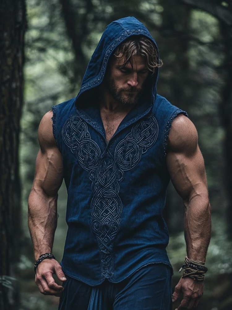 Men's Viking Celtic Knot Embroidered Linen Hooded Tank Top