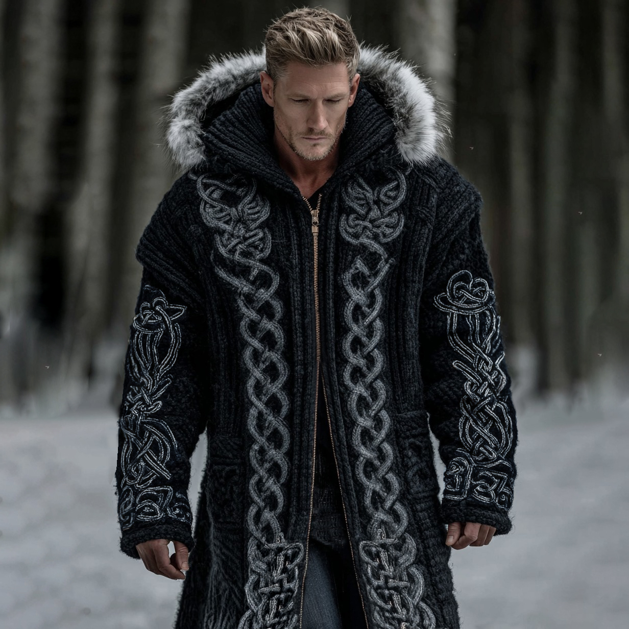 Men's Celtic Knot Jacquard Art Knit Fuzzy Hooded Zipper Mid-length Cardigan