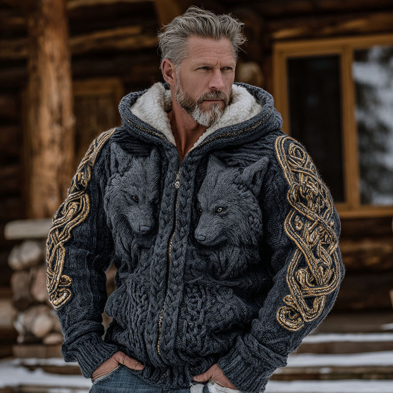 Men's Viking Celtic Knot Wolf Art Cozy Knit Hooded Sweater Jacket