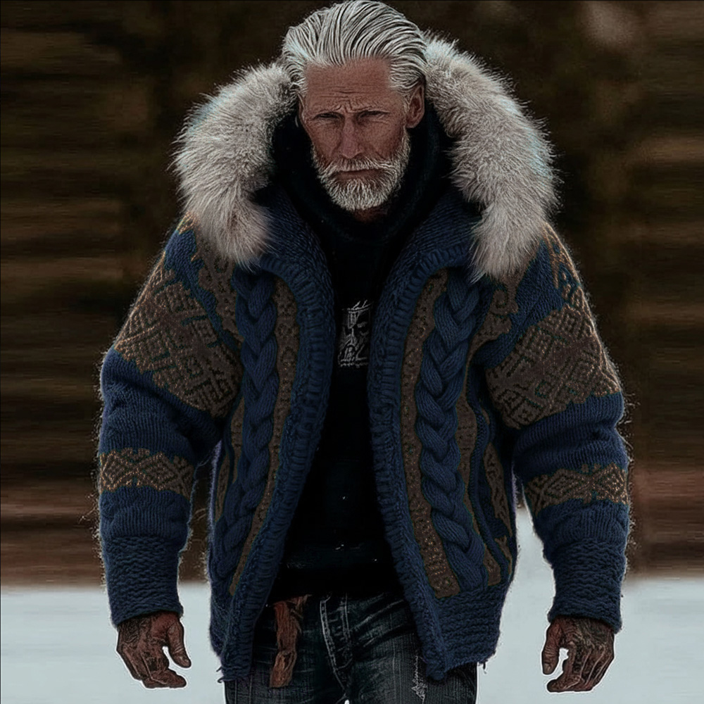 Men's Viking Style Celtic Knot Thick Needle Fur Collar Knitted Hooded Cardigan Jacket