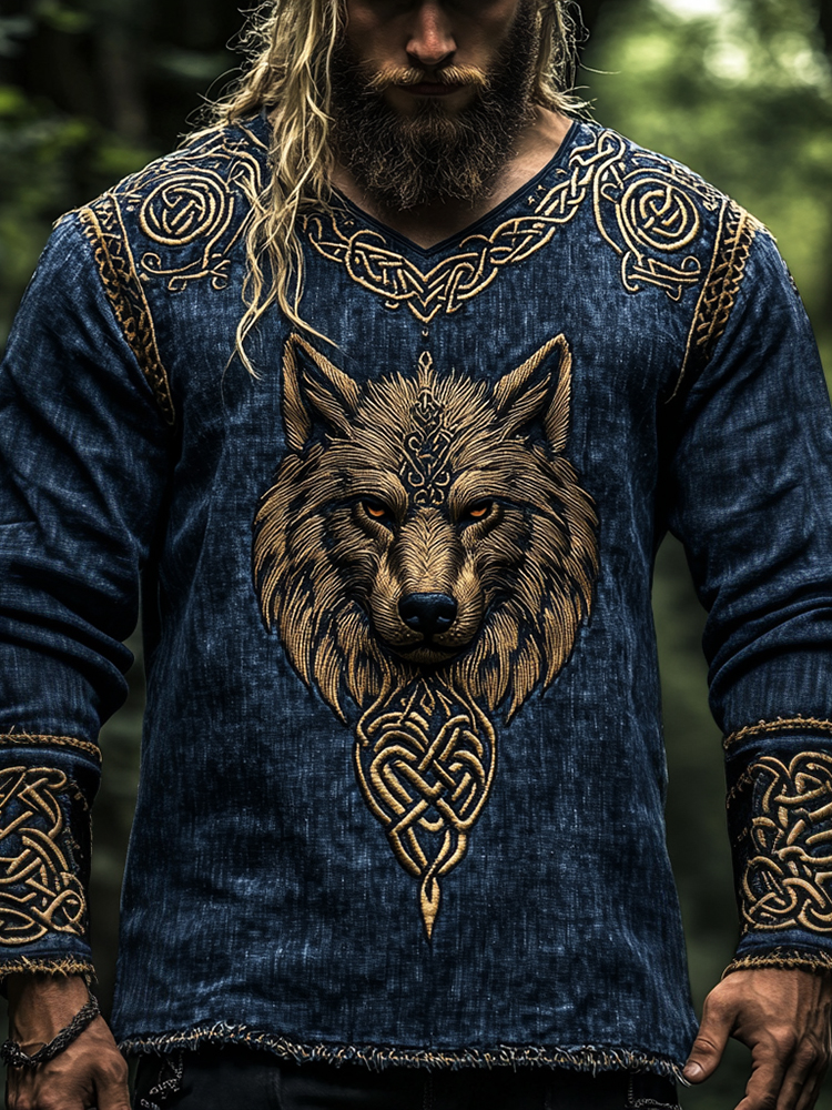 Men's Vintage Viking Wolf Print V-neck Long Sleeve Linen Blend T-shirt
