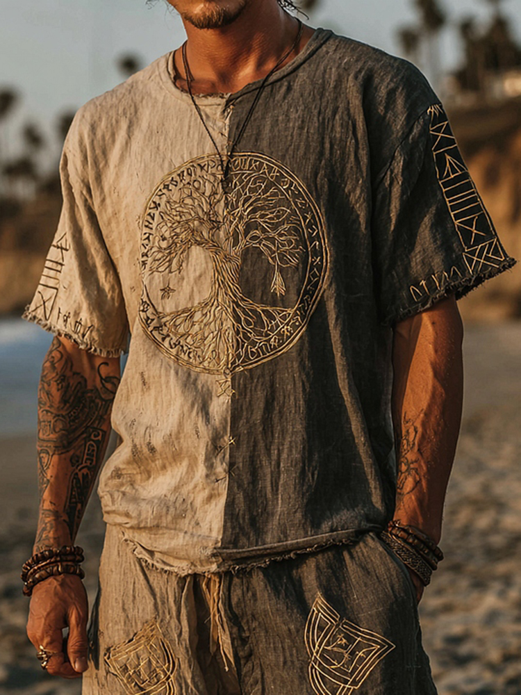Men's Retro Tree Of Life Design Two-color Linen T-shirt