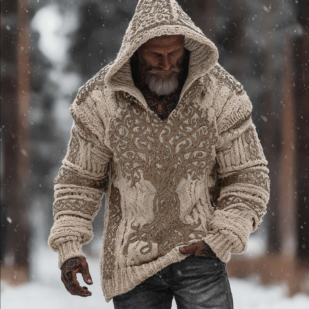 Men's Viking Style Flowering Tree Of Life Warm Thick Needle Hooded Sweater