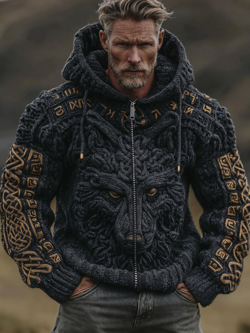 Men's Vintage Viking Wolf Celtic Jacquard Knit Zipper Aran Sweater Hooded Cardigan