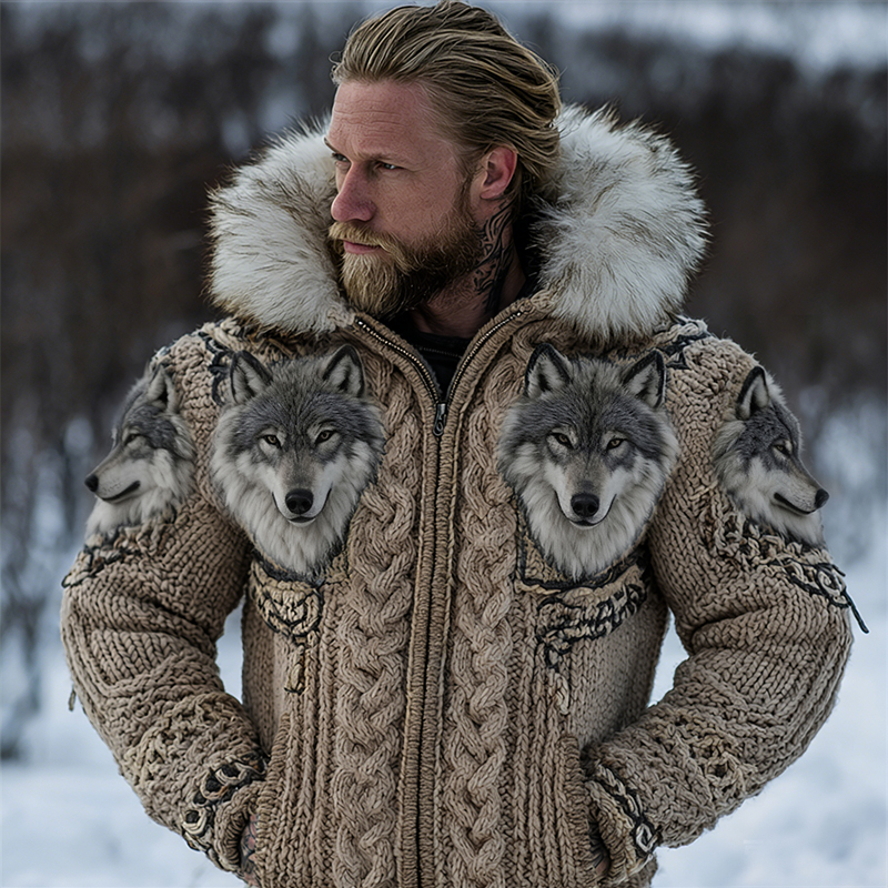Men's Fuzzy Wolves Viking Celtic Cozy Fur Trim Hooded Cardigan