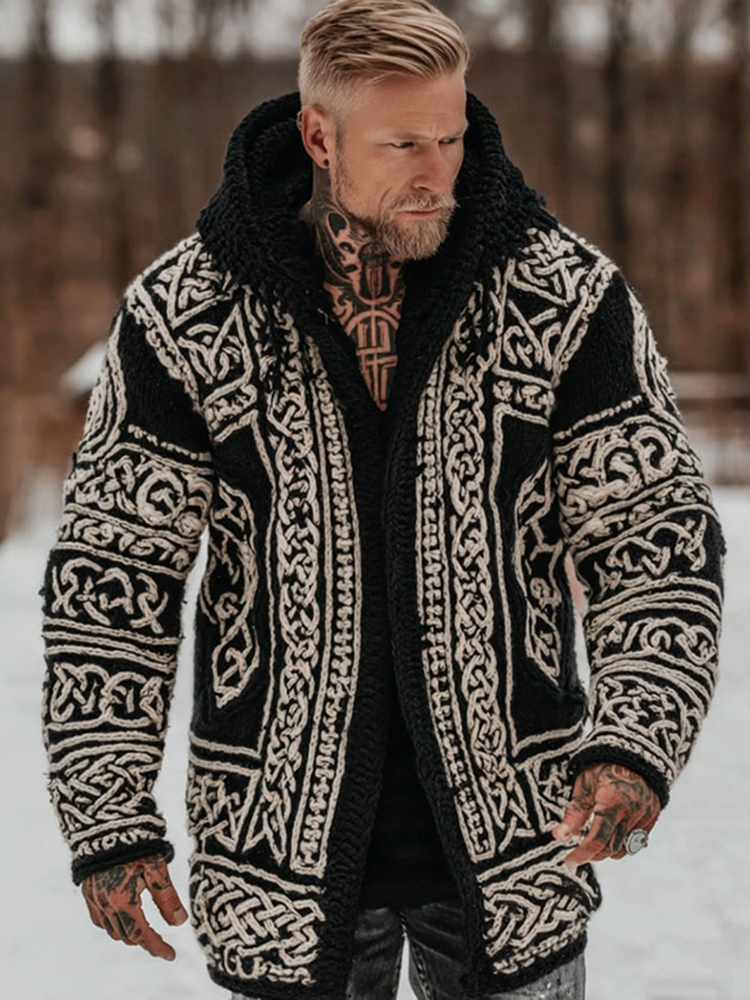 Men's Viking Celtic Pattern Art Cozy Knit Hooded Cardigan