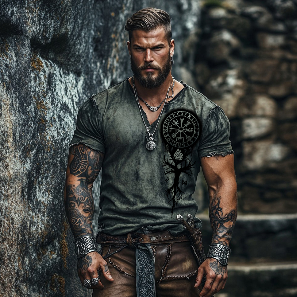 Men's Vintage Viking Tree Of Life Graphics Acid Wash T-shirt