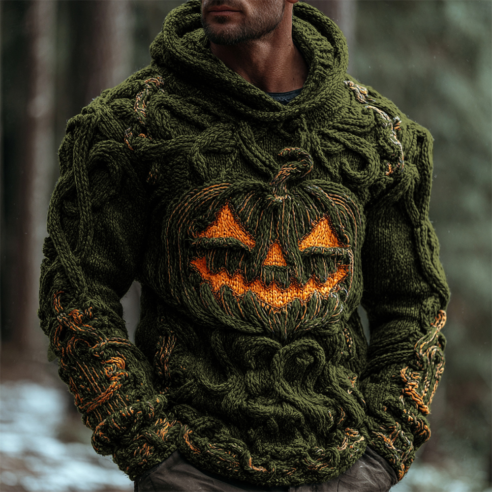 Halloween Pumpkin Emoji Men's Chunky Knit Hooded Sweater