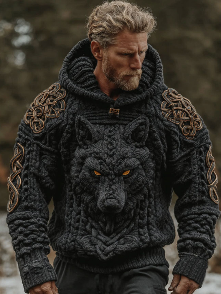 Men's Vintage Viking Wolf Jacquard Knit Hooded Sweater