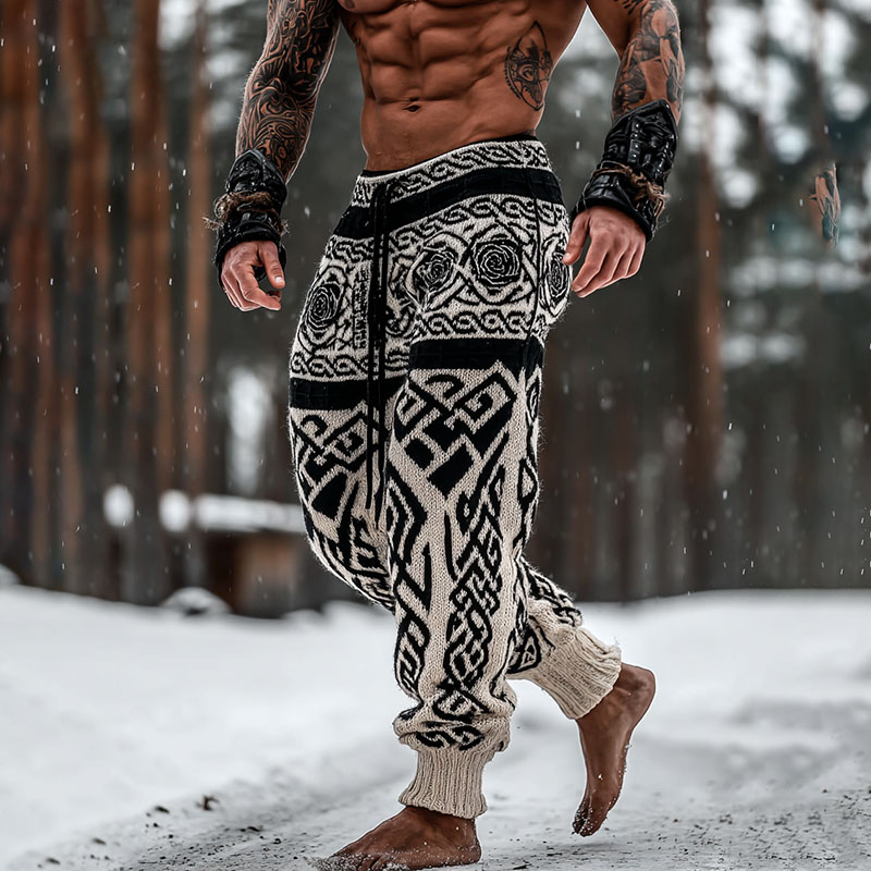 Men's Retro Viking Celtic Knot And Rose Art Knitted Jacquard Thermal Pants