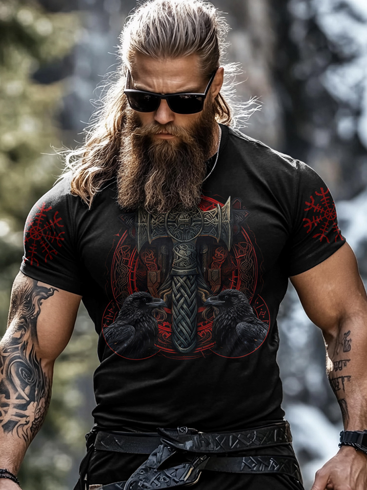 Men's Vintage Viking Raven Rune Print T-shirt