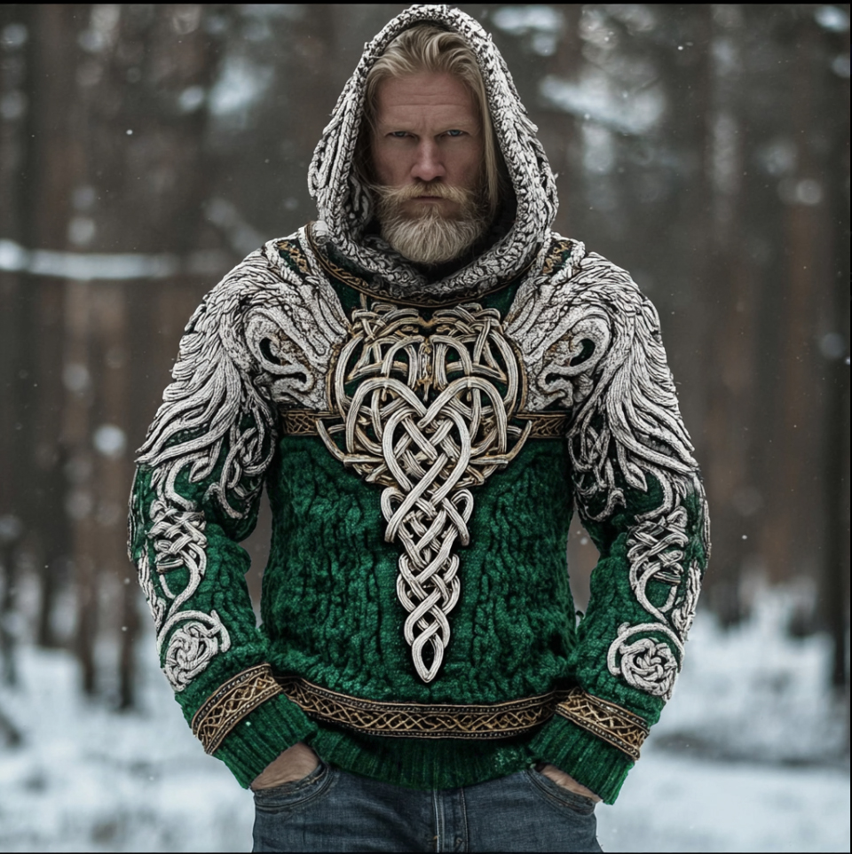 Men's Hooded Thick Sweater With Viking Style Tribal Totem And Wolf Totem Patterns