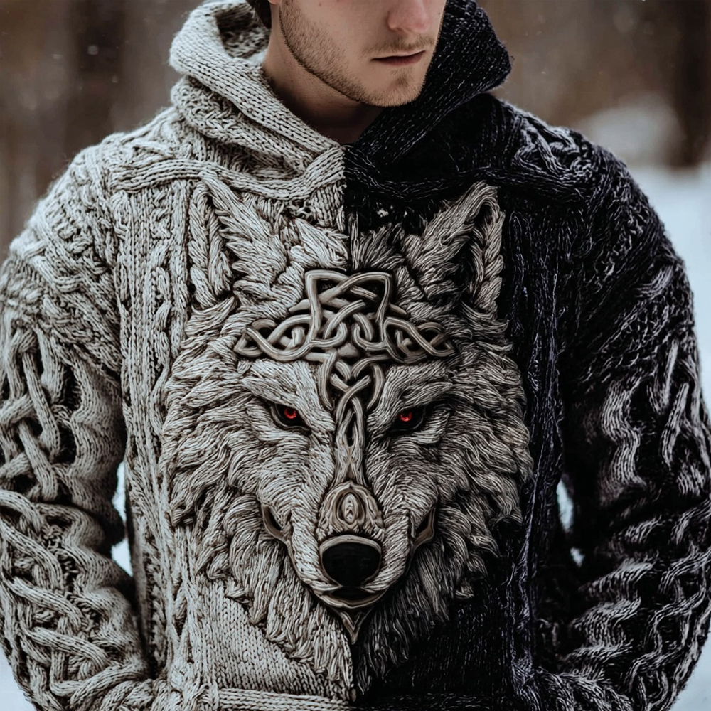 Men's Viking Celtic Wolf Pattern Contrast Cozy Hooded Sweater
