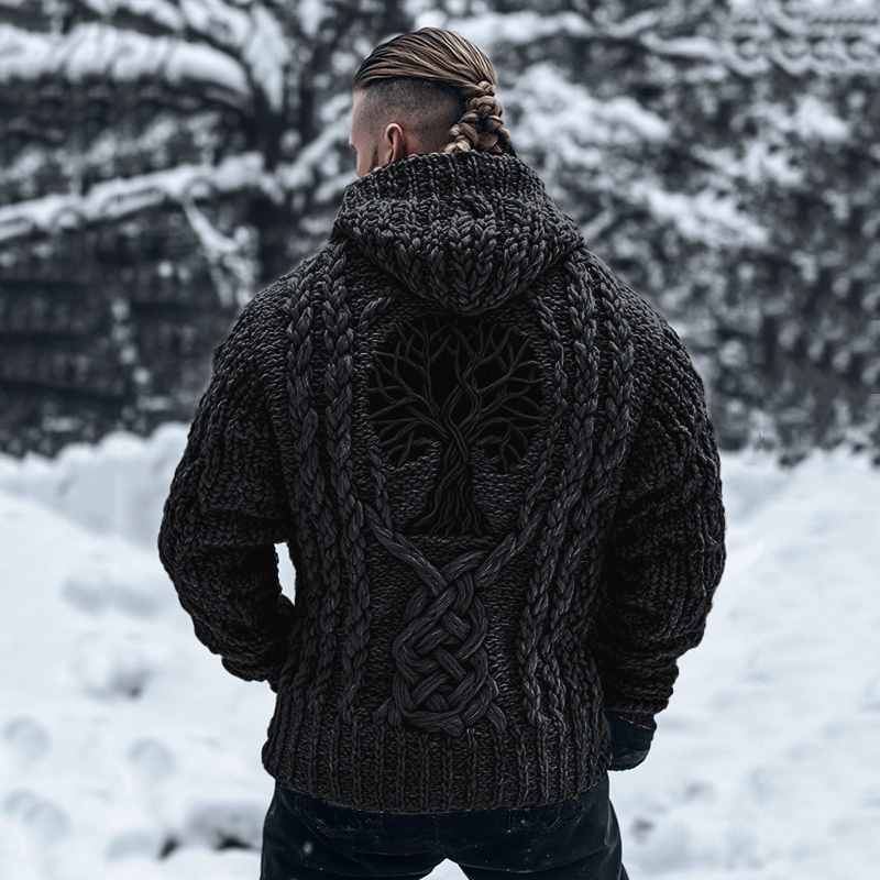 Men's Viking Tribal Tree Of Life Celtic Chunky Knit Hooded Sweater