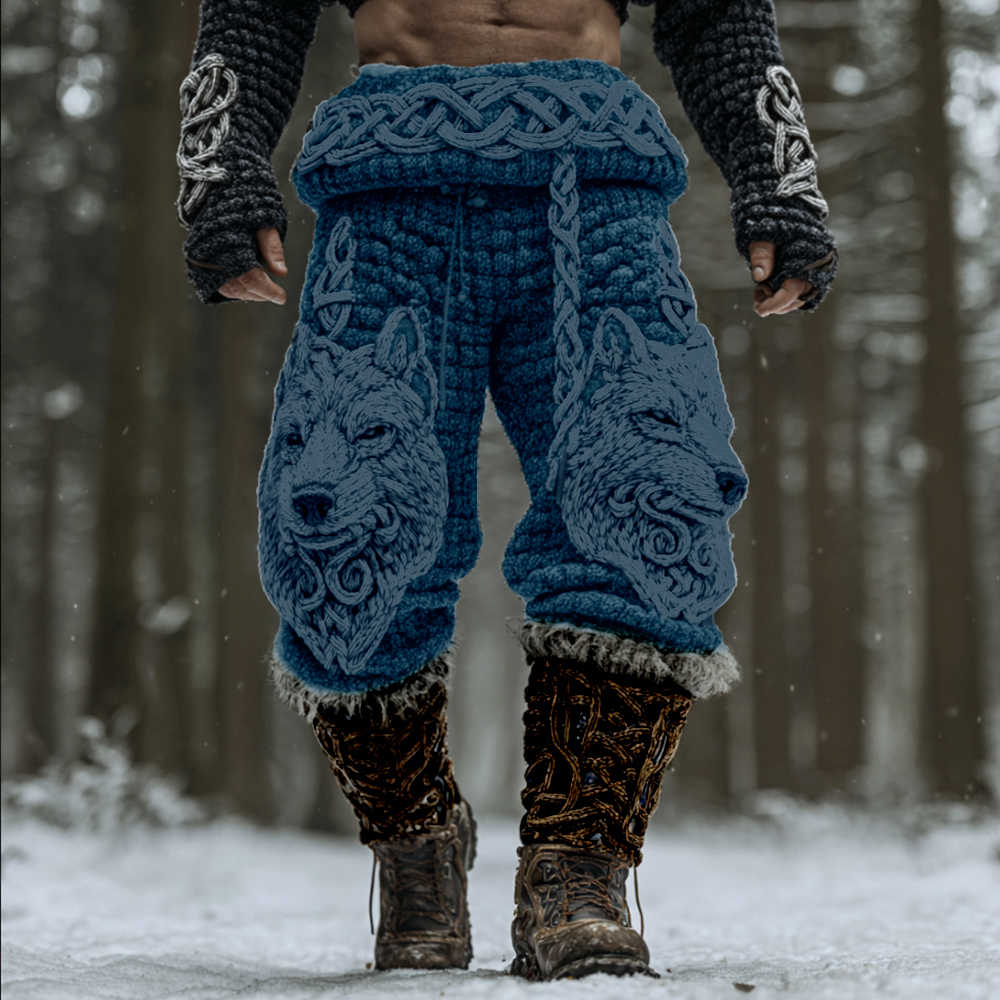 Men's Viking Celtic Knot Wolf Head Embroidery Thick Needle Thick Casual Pants