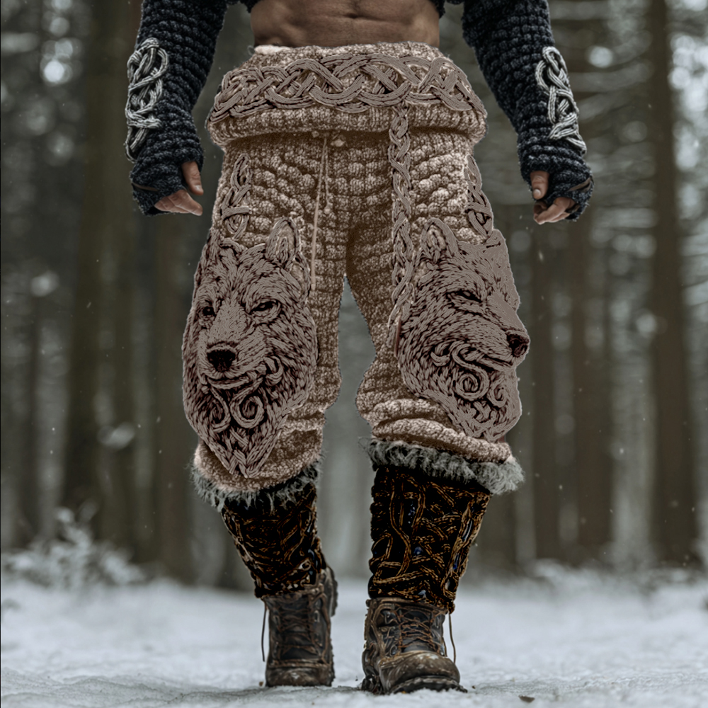 Men's Viking Celtic Knot Wolf Head Embroidery Thick Needle Thick Casual Pants