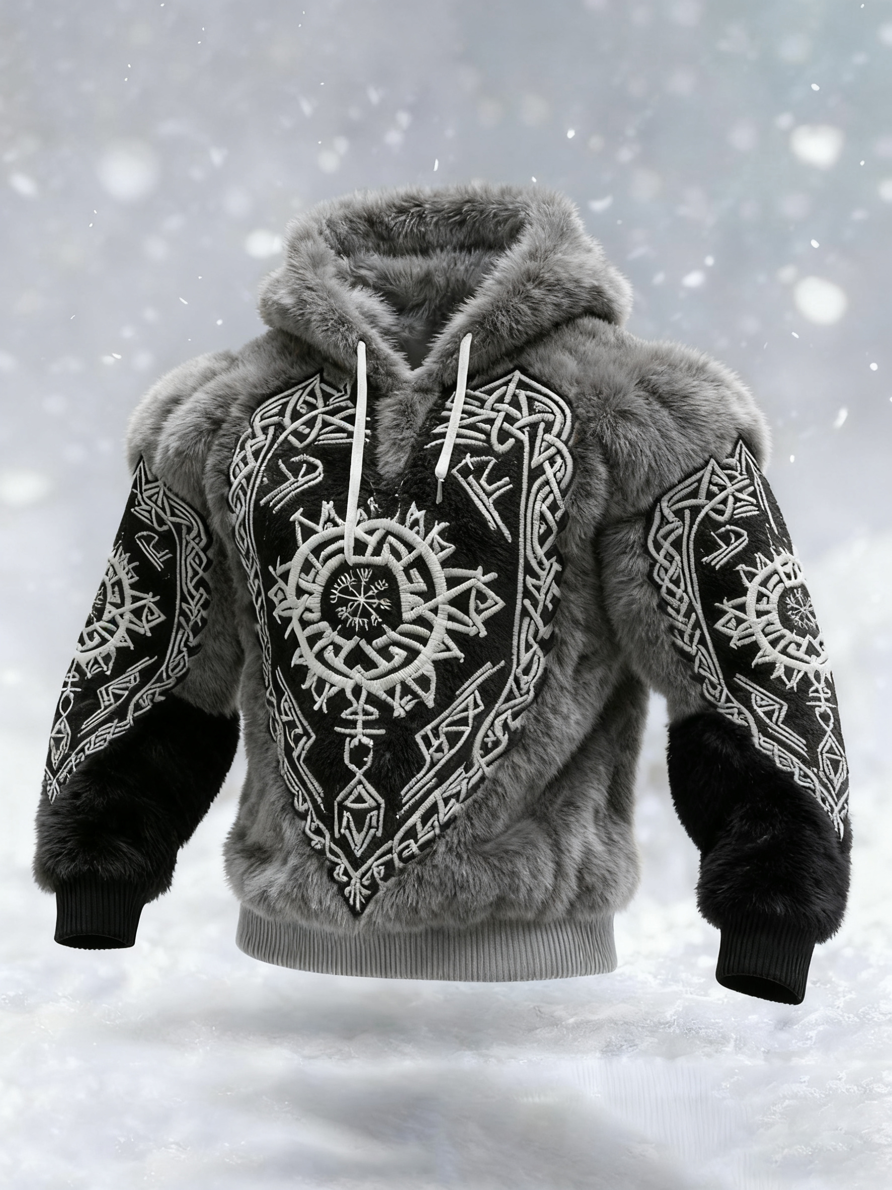 Men's Viking Tribal Jacquard Celtic Inspired Art Plush Warm Hoodie