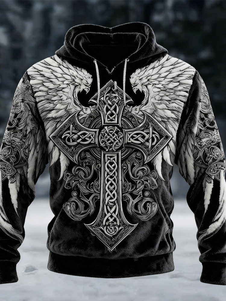 Men's Celtic Cross With Wings Pattern Viking Cozy Plush Hoodie