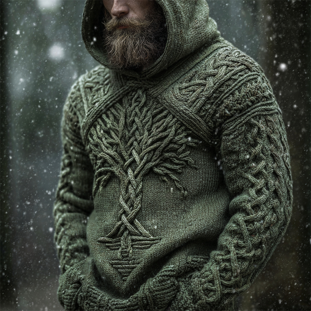 Mystical Norse Mythology Tree Of Life Men's Chunky Knit Hooded Sweater