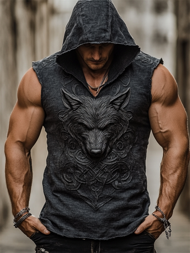 Men's Viking Wild Wolf Celtic Art Linen Hooded Vest