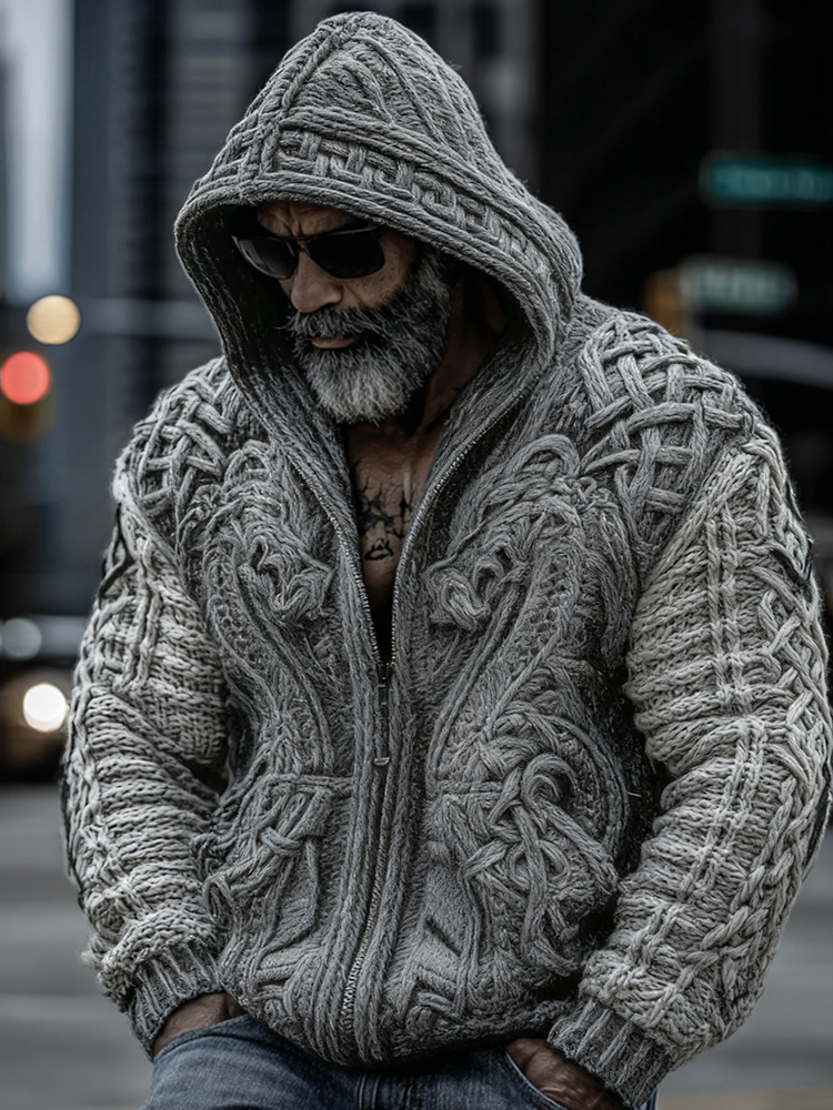 Men's Viking Dragon Totem Chunky Knit Hooded Cardigan