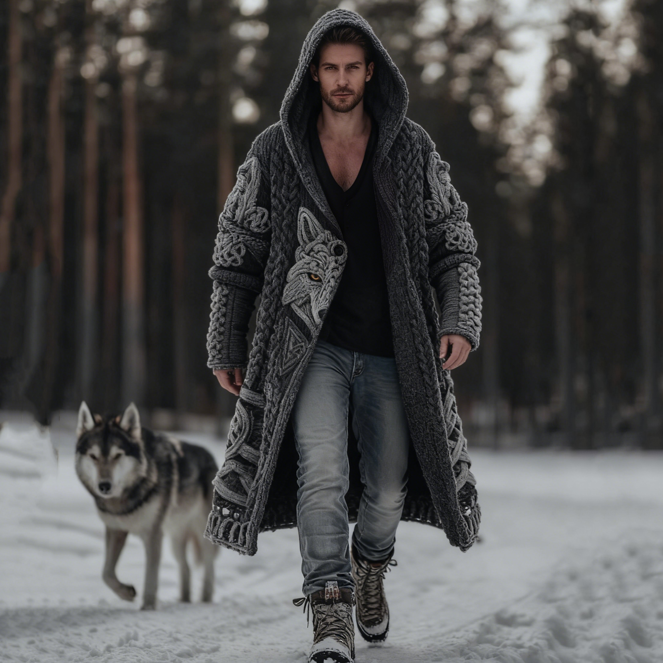 Men's Viking Style Celtic Knot Wolf Head Sweater Cardigan