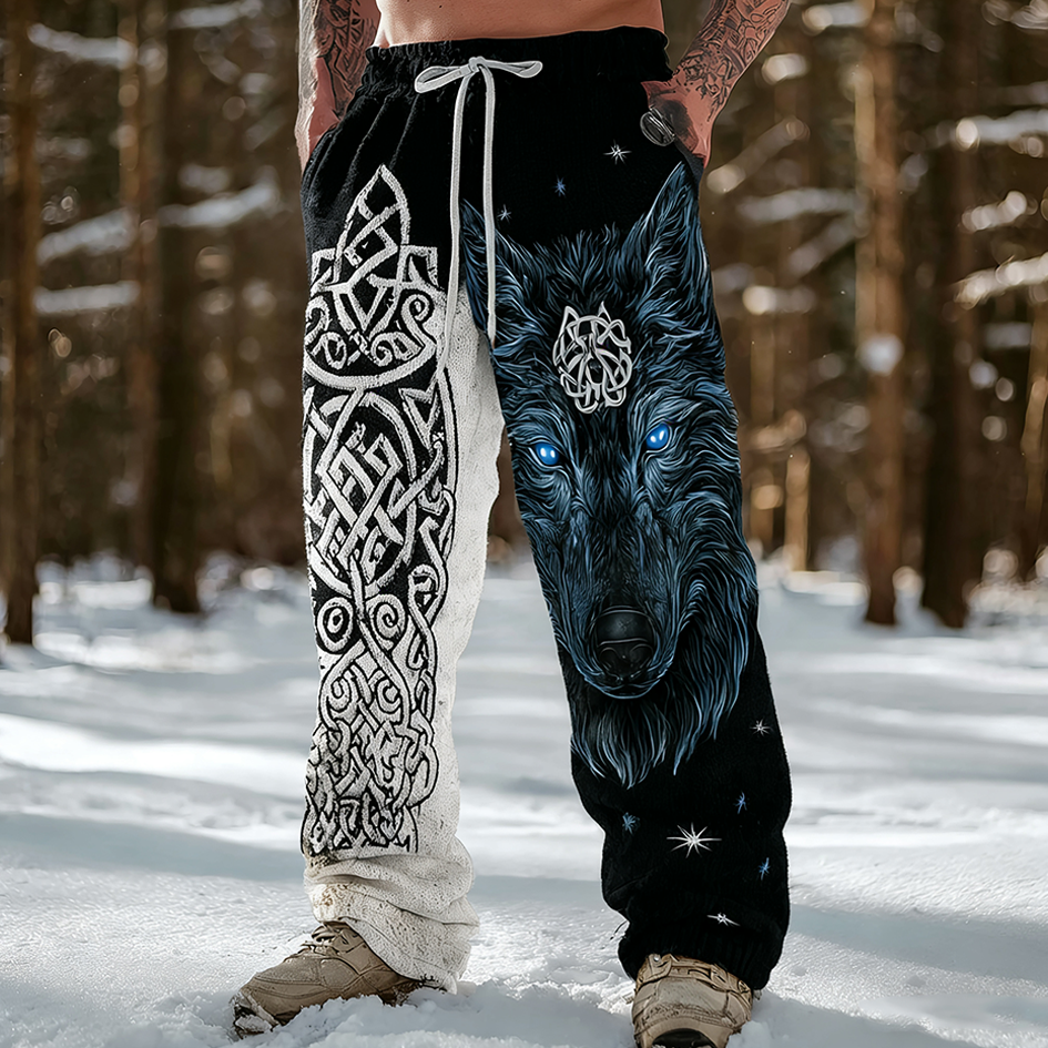 Vintage Viking Celtic Wolf Mythology Men's Knit Leisure Long Pants