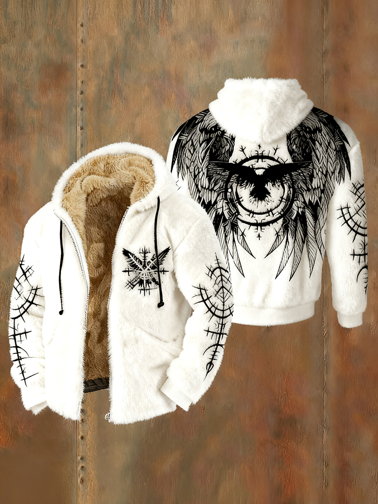 Men's Viking Wing Runes Flannel Cozy Warm Zipped Hooded Jacket